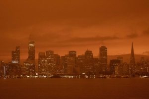 Dark orange skies hang over the San Francisco skyline Sep 9, 2020 due to multiple wildfires burning across California and Oregon. (SFGate)